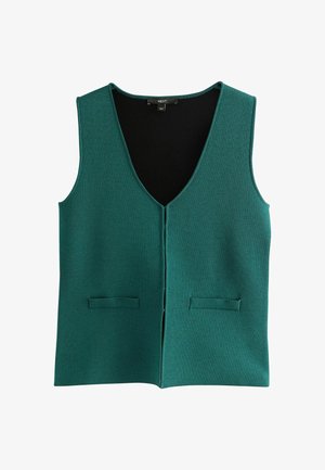 Grüner ärmelloser Weste mit V-Ausschnitt, vorderer Knopfverschluss und zwei Vorderstaschen. Hergestellt aus strukturiertem Stoff mit einem glatten Innenfutter.