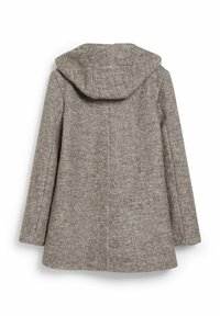 Manteau en mélange de laine marron avec une capuche, présentant une finition texturée, des manches longues et une coupe ample. Design simple et épuré sans ornements.