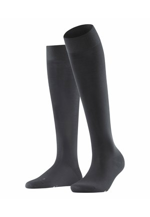 Zwarte kniekousen van glad materiaal met een geribde manchette aan de bovenkant, met een naadloos teendesign voor comfort.