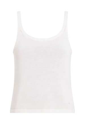 Hvid strikket tanktop med rund halsudskæring, tynde stropper og en tekstureret stof. Har en let løs pasform og en subtil logo-detalje i kanten.