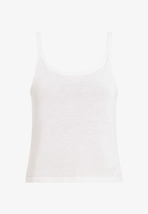 Hvid strikket tanktop med rund halsudskæring, tynde stropper og en tekstureret stof. Har en let løs pasform og en subtil logo-detalje i kanten.