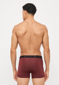 Boxeri pentru bărbați dintr-un material bordeaux cu o textură netedă, având un brâu negru cu logo-ul "PUMA". Vedere din spate.