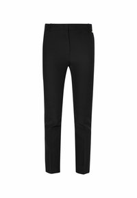 Pantalon noir slim fit avec taille mi-haute et jambes droites, présenté de face sur fond blanc.