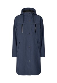 Impermeabile blu navy con cappuccio, dotato di due tasche sul petto con zip, chiusura con bottoni a pressione e silhouette dritta. Realizzato in tessuto testurizzato.