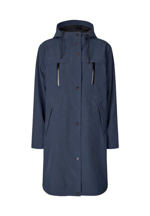 Impermeabile blu navy con cappuccio, dotato di due tasche sul petto con zip, chiusura con bottoni a pressione e silhouette dritta. Realizzato in tessuto testurizzato.