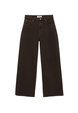 Dunkelbraune, weit geschnittene Jeans aus Denim mit Knopf- und Reißverschluss vorn, vorderen Taschen mit Nieten und Gürtel-Schlaufen, flach auf weißem Hintergrund ausgelegt.