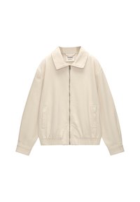 Giacca chiara in crema con un ampio colletto, zip frontale, due tasche laterali e polsini ed orlo elasticizzati. Tessuto liscio con una leggera texture.