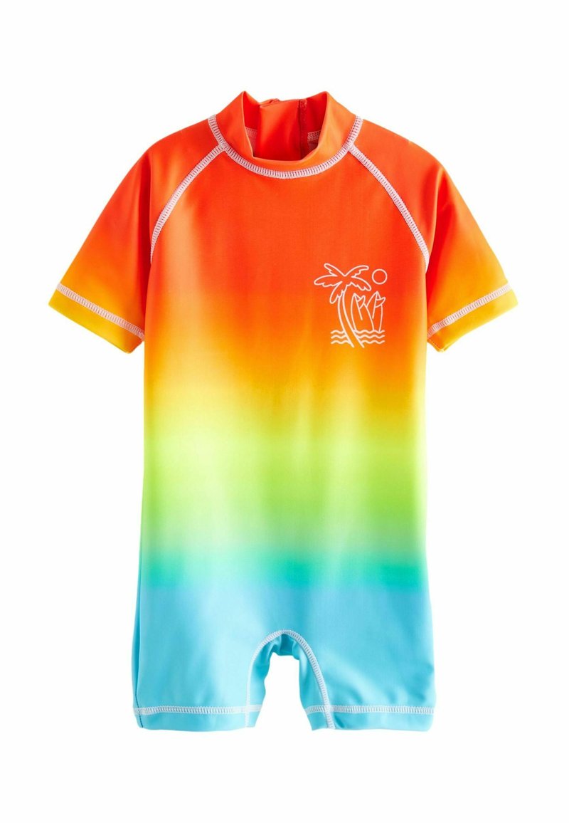 Lys gradient våddragt med orange til blå nuancer, korte ærmer og rund hals. Har et palmetrædesign på brystet og hvid syning.