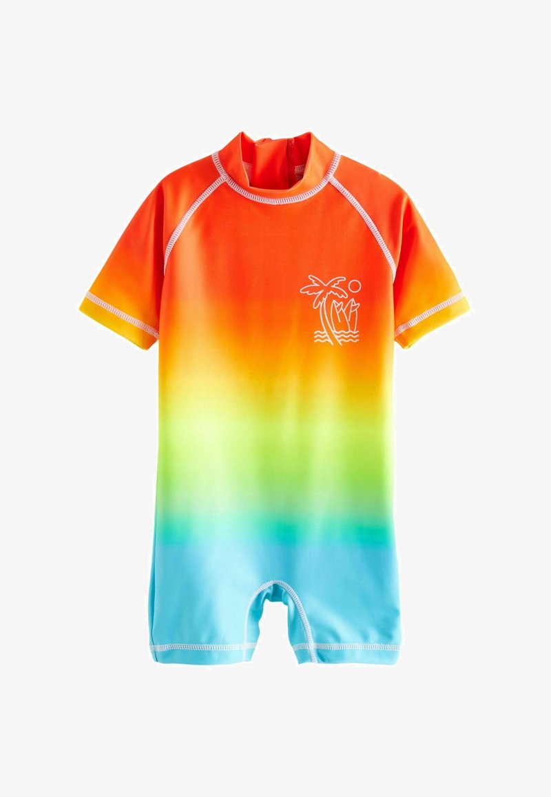 Lys gradient våddragt med orange til blå nuancer, korte ærmer og rund hals. Har et palmetrædesign på brystet og hvid syning.