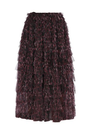 Lagdelte tyl midi-skirt med sort og mørkerød leopardmønster samt rynket tekstur.