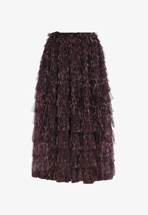 Gelaagde tulle midi-rok met zwart en donkerrood luipaardprintpatroon en gerimpelde textuur.