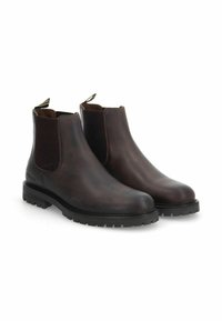 Bottines en cuir marron avec des panneaux élastiques sur les côtés, surface texturée, bout arrondi, semelle en caoutchouc et languette au talon.