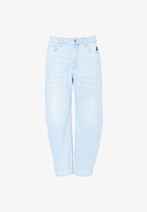 Světle modré džíny s vysokým pasem a volnějším střihem, s předním zapínáním na knoflíky, poutky na pásek a jemným opotřebením na kapsách a nohavicích.