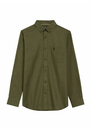 Oliwkowa, długosleeve koszula zapinana na guziki, wykonana z fakturowanej tkaniny. Posiada kieszeń na piersi z małym logo oraz tradycyjny krój kołnierzyka.