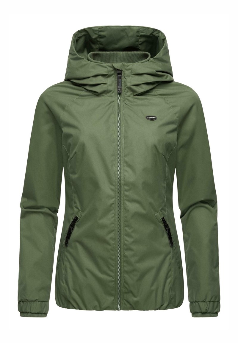 Veste à capuche verte pour femme avec fermeture éclair devant, deux poches latérales zippées, poignets élastiques et petit logo noir sur la poitrine.