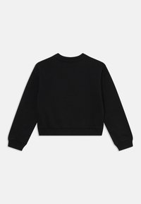 Black cropped sweatshirt, made of soft fabric, features long sleeves and a ribbed crew neckline with ribbed cuffs and hem.