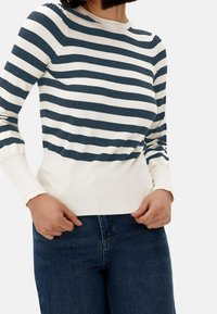 Maglione a righe blu navy e bianco a maniche lunghe con texture a coste e collo rotondo. Abbinato a jeans in denim blu scuro.