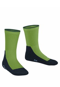 Grüne und schwarze Socken mit geripptem Oberteil, verstärktem Fersen- und Zehenbereich sowie einer glatten Textur. Größenangaben auf der Sohle.