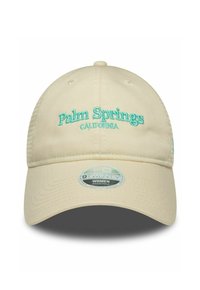 Beige verstellbare Baseballmütze mit türkisfarbener Stickerei "Palm Springs CALIFORNIA" auf der Vorderseite und einem gebogenen Schirm.