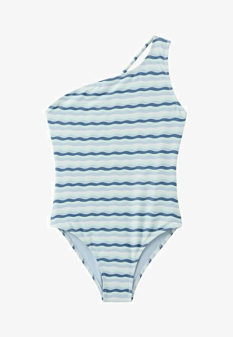 Maillot de bain asymétrique à une épaule avec des rayures ondulées horizontales bleu clair, bleu marine et blanc, doté d'une fine bretelle sur l'épaule gauche.
