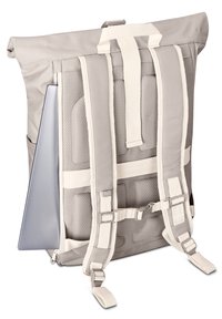 Gray rolltop backpack with mesh back, padded straps, and white accents. Side pocket holds a silver laptop, featuring adjustable buckles.
