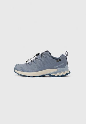 Light blue Salomon trail running shoe with Gore-Tex, quick-lace system, cushioned sole, and textured tread for outdoor use.