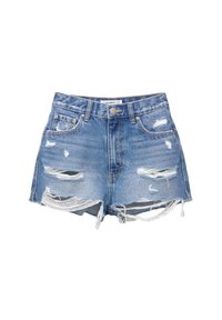 Denim shorts in light blue, featuring frayed edges, distressed details, and four pockets. Button and zipper closure at the front.