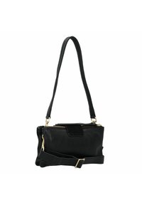 Bolso cruzado de cuero negro con cierre de cremallera, correa ajustable y accesorios en tono dorado. Presenta una textura suave y una forma rectangular.