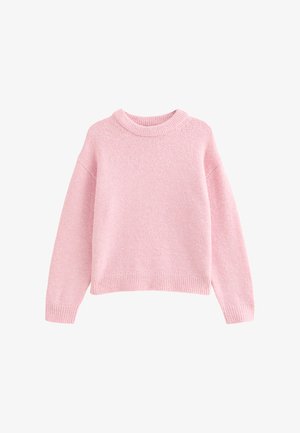 Pull long à manches longues rose clair en matériau doux. Il présente un col rond côtelé et des poignets, avec une coupe décontractée et une finition texturée.