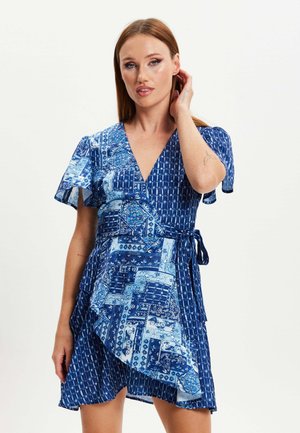 PRINT SLEEVE WRAP MINI - Day dress - blue