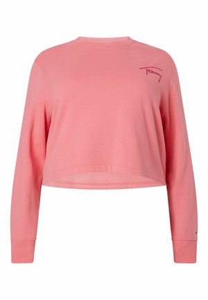 Roze cropped sweatshirt met lange mouwen, geribde manchetten en een ronde halslijn. Kenmerkt zich door een geborduurd "Tommy" logo op de borst.