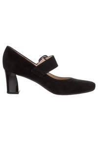 Escarpin Mary Jane en daim noir avec un bout rond et un talon bloc de hauteur moyenne. Dispose d'une sangle ajustable sur le cou-de-pied.