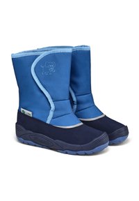 Ein Paar blaue Winterstiefel mit dunklen Sohlen, hellblauen Akzenten und einem Elefantendesign an der Seite, die für Kinder entworfen wurden.