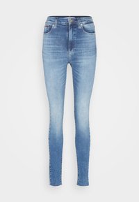 Smala blå jeans i denim med ljus tvätt, med hög midja, klassiska fickor och subtila blekningar på låren.