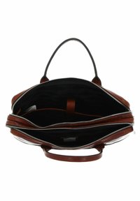 Braune Ledertasche mit zwei Reißverschlussfächern, schwarzem Stofffutter und stabilen Tragegriffen. Verfügt über ein elegantes, strukturiertes Design.