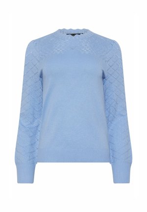 Suéter azul claro para mujer con mangas y canesú de punto estampado, puños y dobladillo acanalados, y escote con borde festoneado.