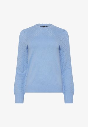 Suéter azul claro para mujer con mangas y canesú de punto estampado, puños y dobladillo acanalados, y escote con borde festoneado.