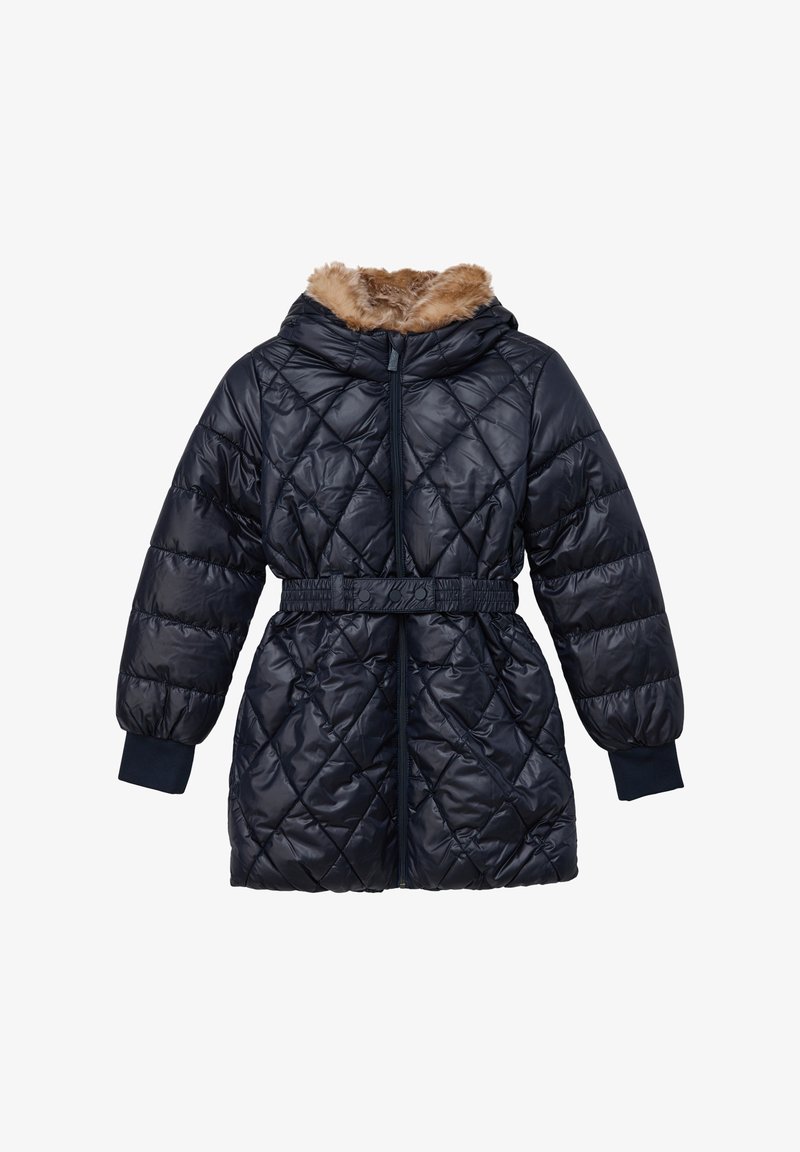 Marineblau gesteppte Puffjacke mit einer Kapuze aus Kunstfell, tailliertem Gürtel und elastischen Bündchen. Ausgestattet mit einem durchgehenden Reißverschluss und einem Rautenmuster.