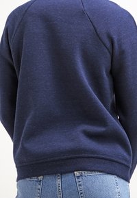 Mörkblå sweatshirt i mjukt, texturerat tyg med raglanärmar och ribbad nederkant, visad bakifrån, matchad med ljusblå jeans.