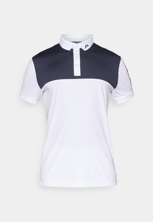 Polo shirt met een witte basis en marineblauwe accenten op de schouders, korte mouwen, een drieknoopsluiting en een logo op de kraag.