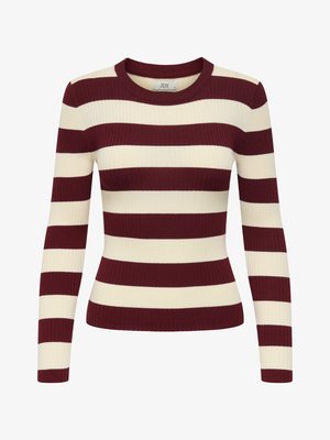 Sweter z dzianiny prążkowanej z długim rękawem, szerokimi poziomymi bordowymi i kremowymi pasami oraz okrągłym dekoltem.