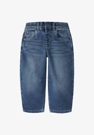 Short en denim bleu longueur genou avec poches avant, passant de ceinture et fermeture par bouton.