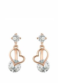 Hängande örhängen i roséguld med klara runda ädelstenar, som har en mindre ädelsten som en stud högst upp och en större nedanför hjärtat.