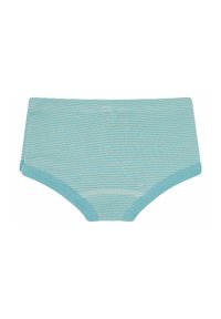 Himmelblaue gestreifte Baumwoll-Shorts mit einer glatten Textur; verfügt über einen bequemen Bund und Steppnähte an den Kanten.