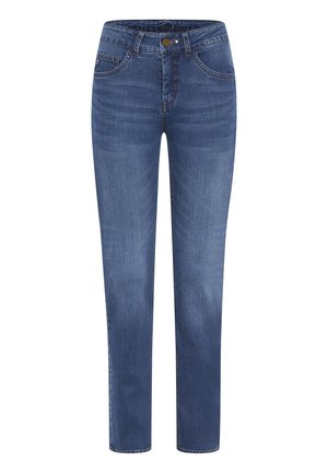 Dunkelblaue Denim-Jeans mit regulärer Passform, Fünf-Taschen-Design, sichtbaren Nähten und einem Knopfverschluss an der Taille. Glatte Textur.