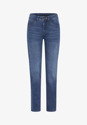 Dark blue denim jeans with a regular fit, five-pocket design, visible stitching, and a button closure at the waist. Smooth texture.