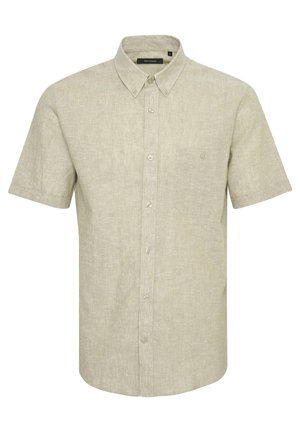 Beež lühikeste varrukatega nööbiga särk tekstureeritud kangast, ühe rinnataskuga ja kitsaste kraega. Esiosas on viis nööpi.