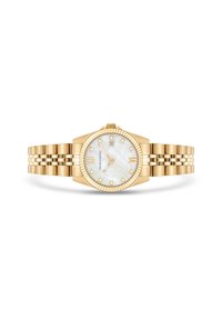 Reloj dorado con caja redonda, esfera de nácar, marcadores de hora en números romanos y pulsera de eslabones. Display de fecha a las 3 en punto.