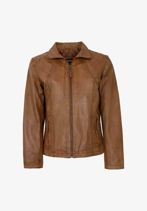 Braune Lederjacke mit einem Frontreißverschluss, strukturiertem Kragen, Seitentaschen und genähten Details entlang der Nähte.