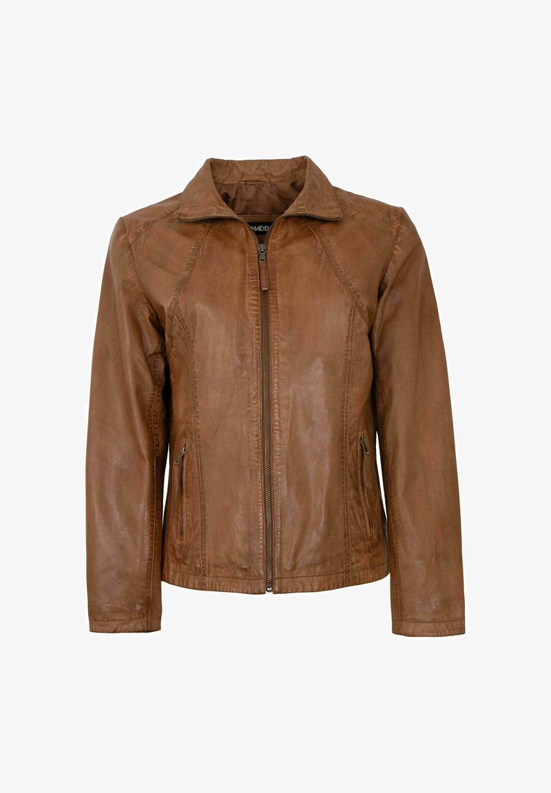 Braune Lederjacke mit einem Frontreißverschluss, strukturiertem Kragen, Seitentaschen und genähten Details entlang der Nähte.